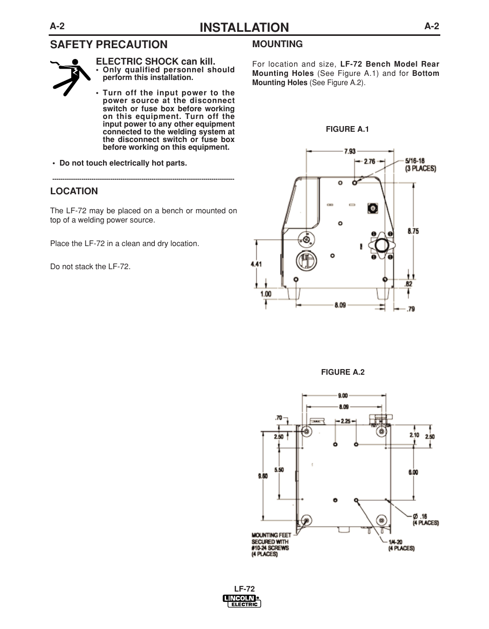 Installation, Safety precaution | Lincoln Electric LF-72 WIRE FEEDER IM847-D User Manual | Page 10 / 49