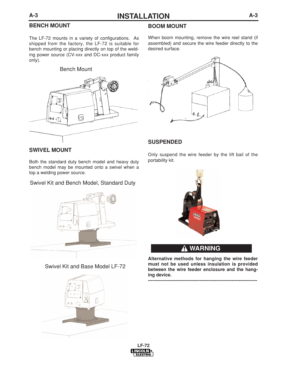 Installation, Warning | Lincoln Electric LF-72 WIRE FEEDER IM847-D User Manual | Page 11 / 49