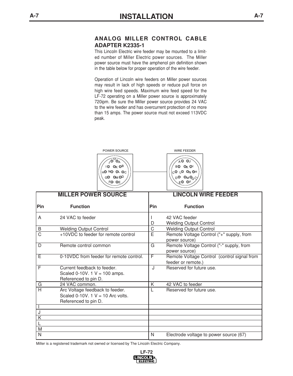 Installation, Miller power source, Lincoln wire feeder | Lincoln Electric LF-72 WIRE FEEDER IM847-D User Manual | Page 15 / 49