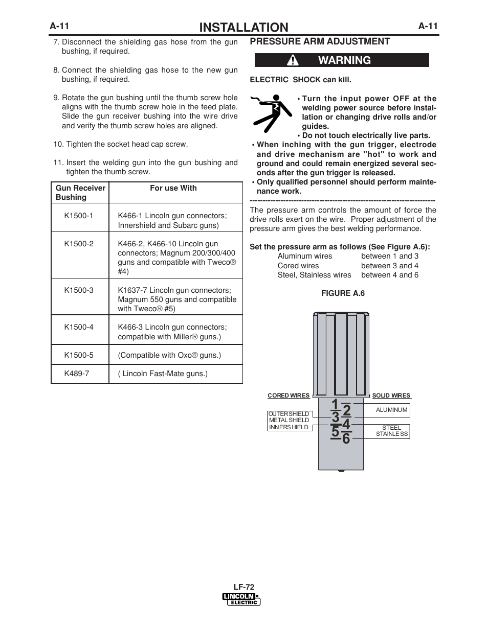 Installation, Warning | Lincoln Electric LF-72 WIRE FEEDER IM847-D User Manual | Page 19 / 49