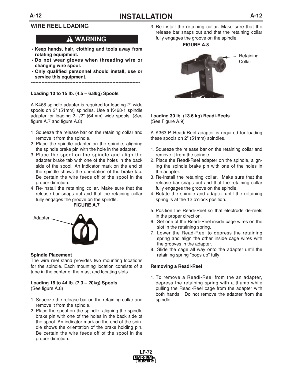 Installation, Warning | Lincoln Electric LF-72 WIRE FEEDER IM847-D User Manual | Page 20 / 49