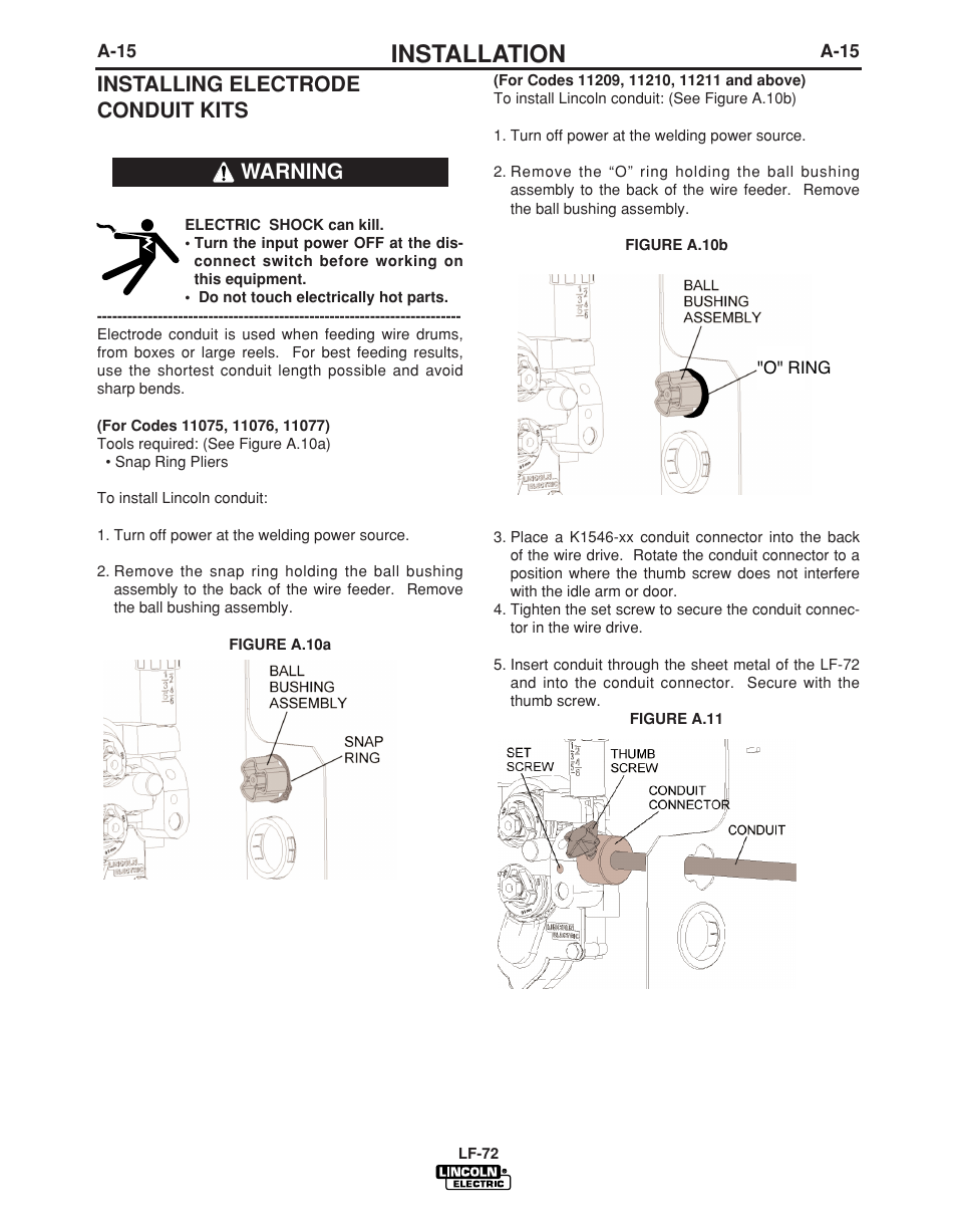 Installation, Installing electrode conduit kits, Warning | Lincoln Electric LF-72 WIRE FEEDER IM847-D User Manual | Page 23 / 49