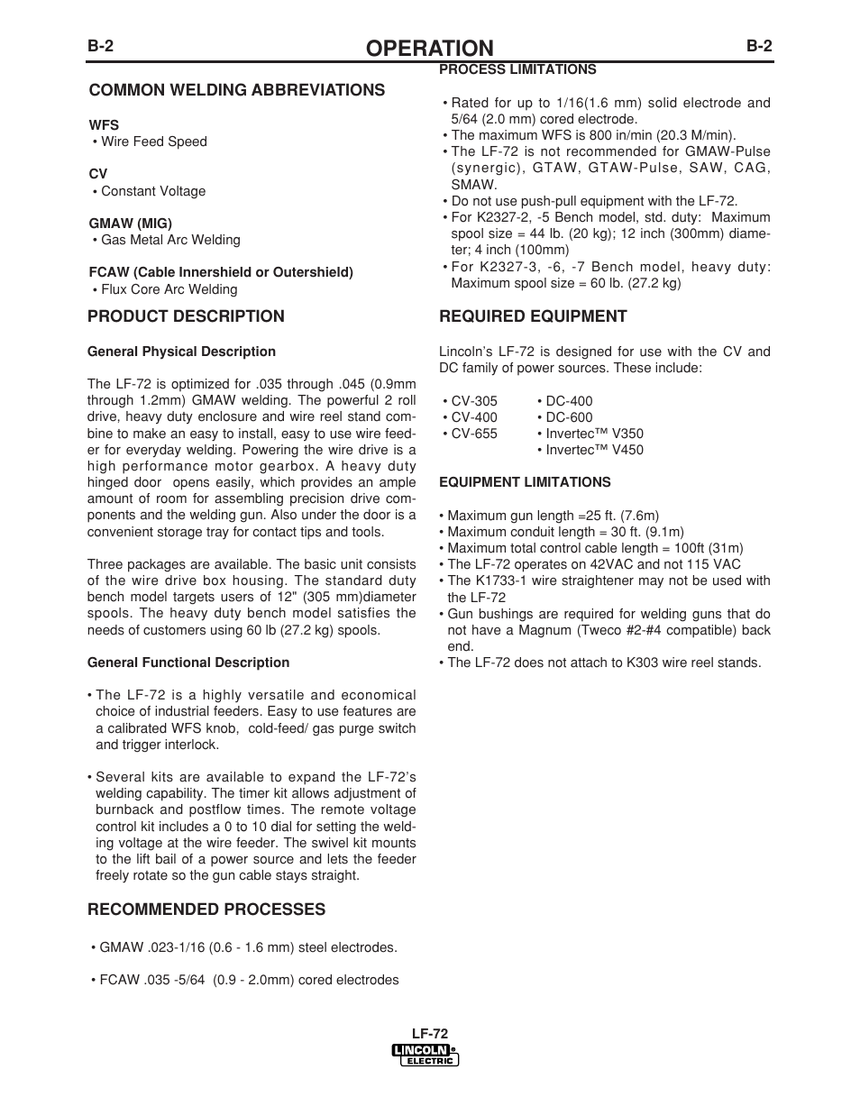 Operation | Lincoln Electric LF-72 WIRE FEEDER IM847-D User Manual | Page 28 / 49
