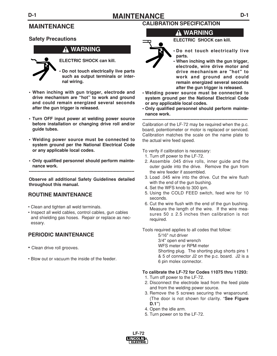 Maintenance, Warning | Lincoln Electric LF-72 WIRE FEEDER IM847-D User Manual | Page 36 / 49
