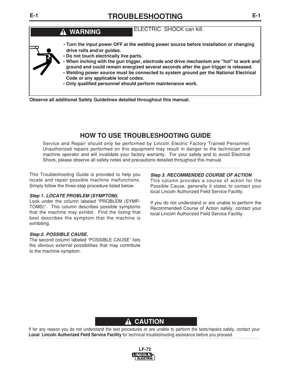 Troubleshooting, Caution, How to use troubleshooting guide | Warning | Lincoln Electric LF-72 WIRE FEEDER IM847-D User Manual | Page 38 / 49