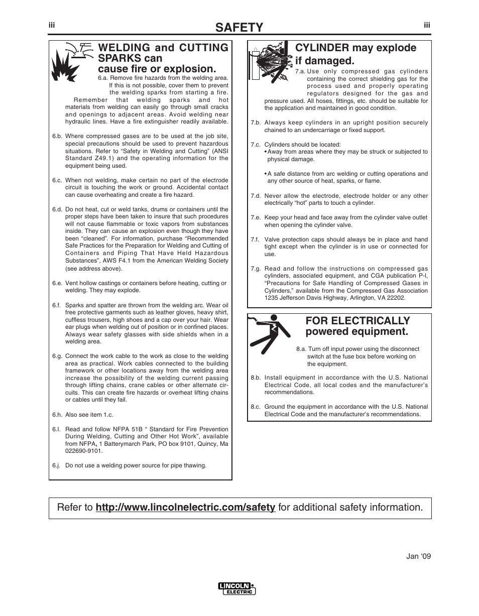 Safety, For electrically powered equipment, Cylinder may explode if damaged | Lincoln Electric LF-72 WIRE FEEDER IM847-D User Manual | Page 4 / 49