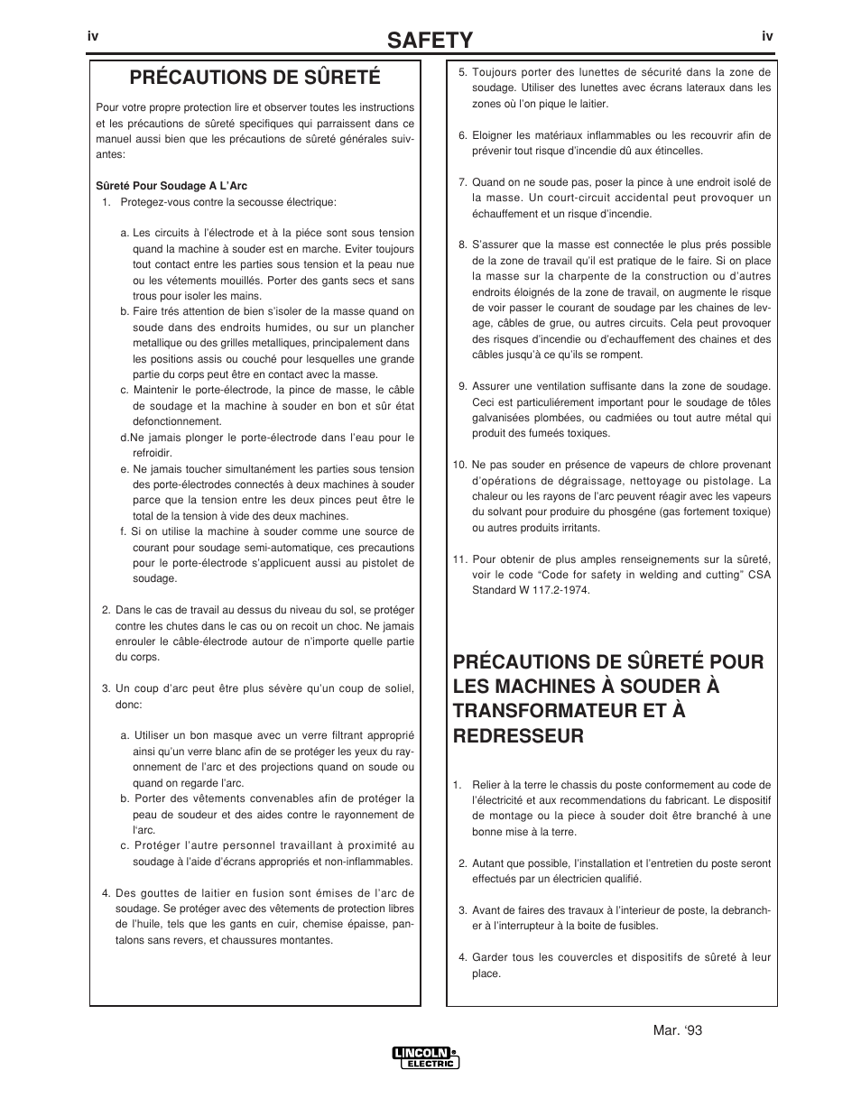 Safety, Précautions de sûreté | Lincoln Electric LF-72 WIRE FEEDER IM847-D User Manual | Page 5 / 49