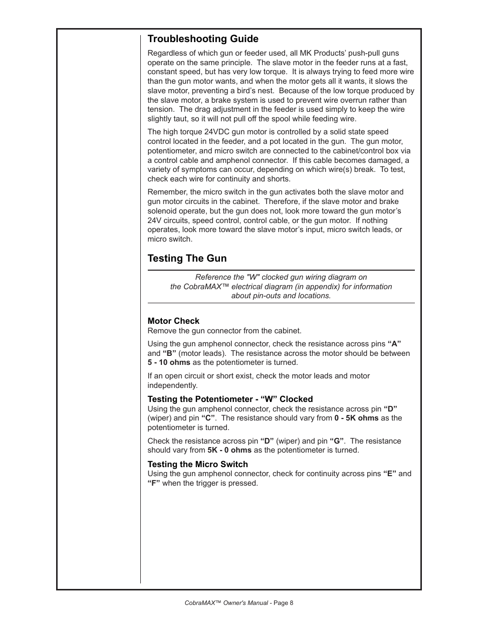 Troubleshooting guide, Testing the gun | Lincoln Electric COBRAMAX IM774 User Manual | Page 18 / 28