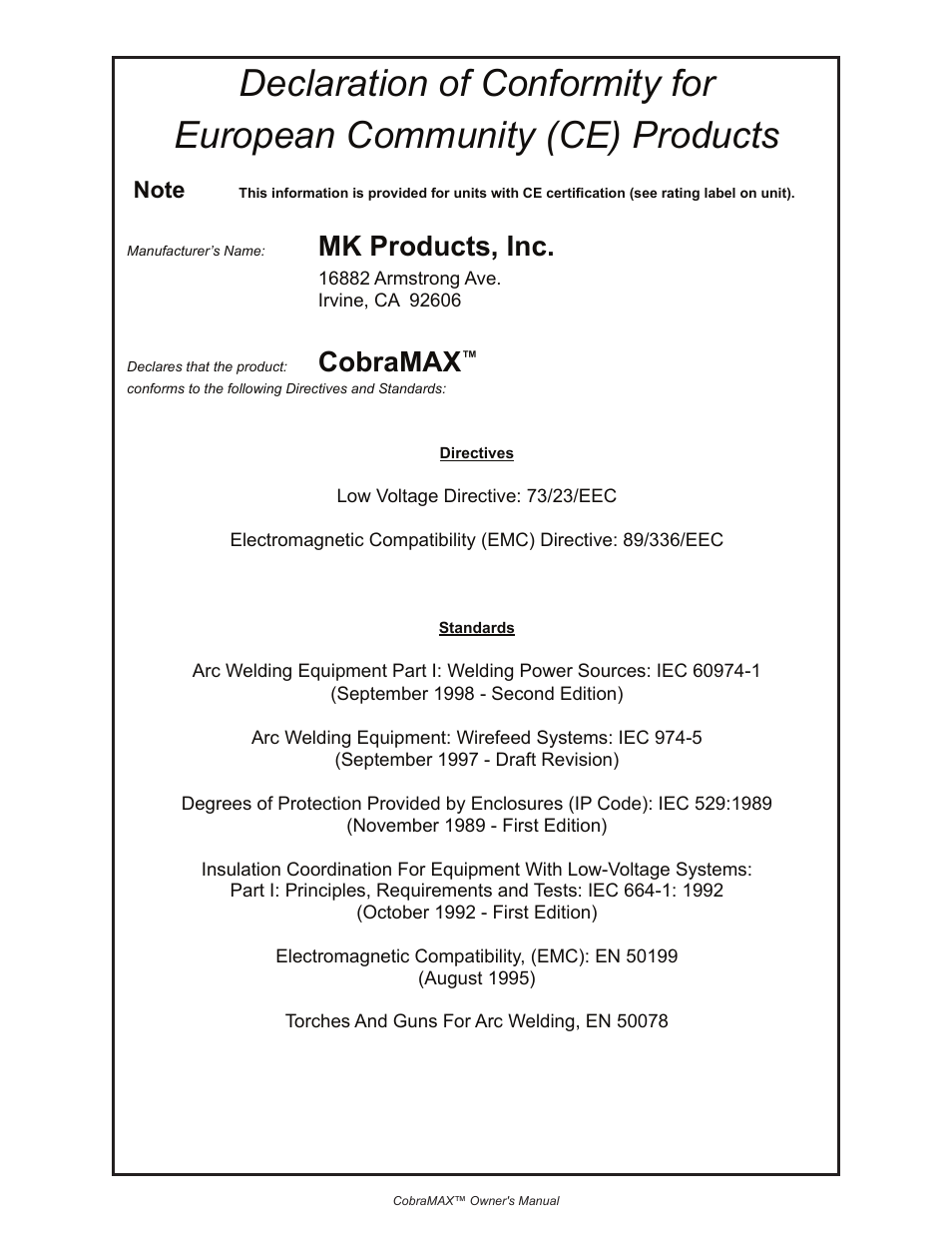 Mk products, inc, Cobramax | Lincoln Electric COBRAMAX IM774 User Manual | Page 4 / 28