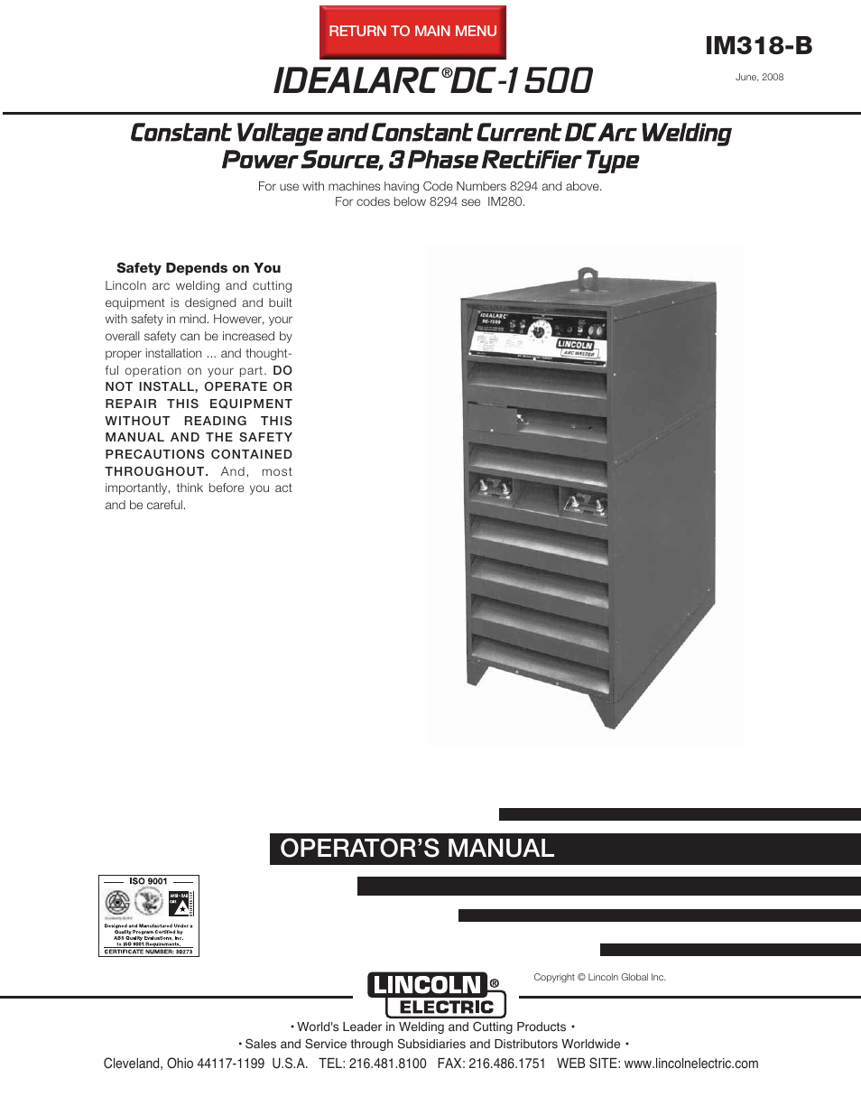 Lincoln Electric IDEALARC IM318-B User Manual | 23 pages