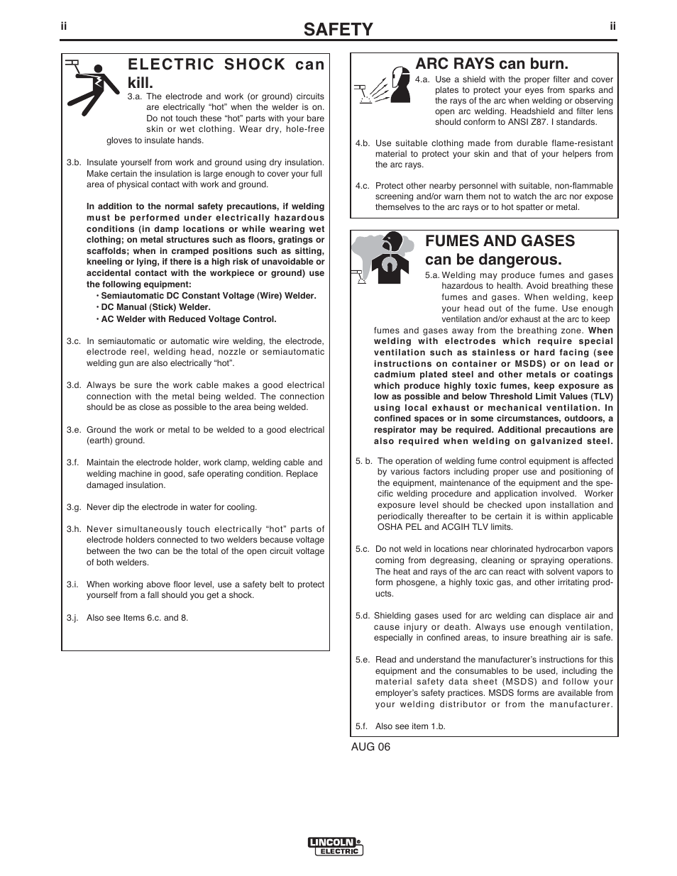 Safety, Arc rays can burn, Electric shock can kill | Fumes and gases can be dangerous | Lincoln Electric IDEALARC IM318-B User Manual | Page 3 / 23