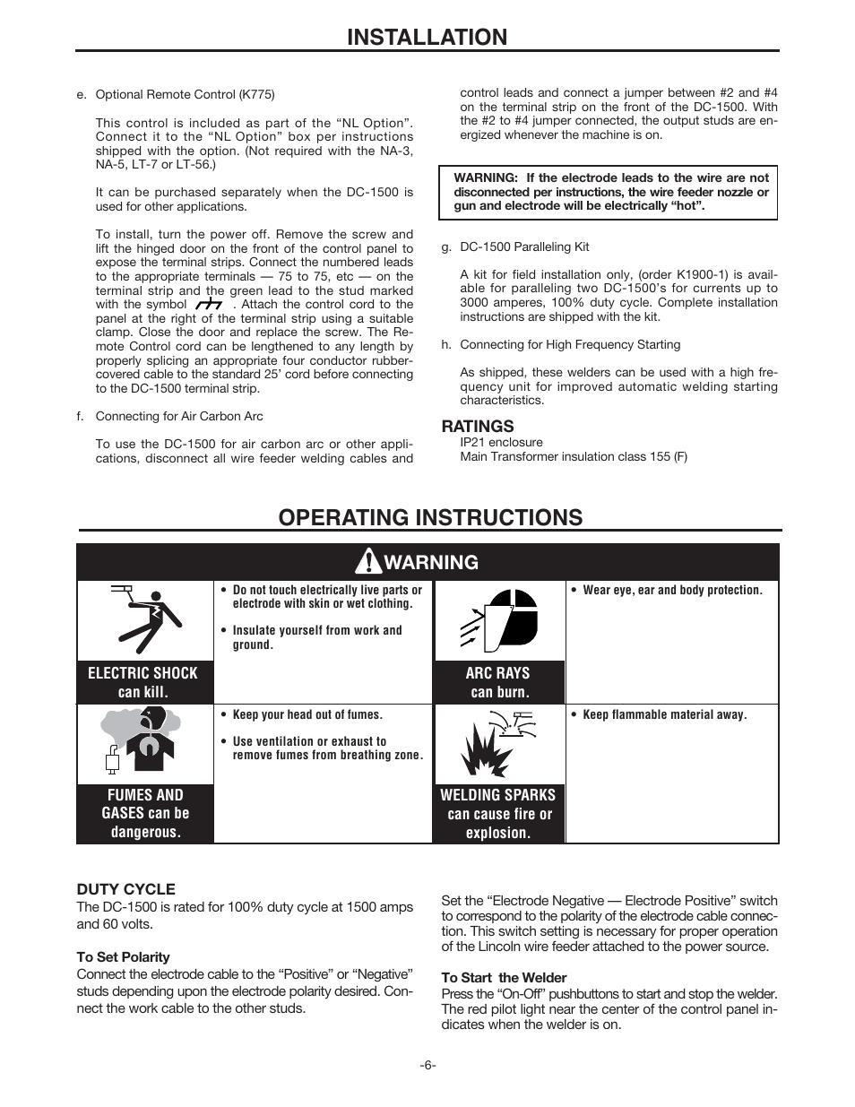 Installation, Operating instructions, Warning | Lincoln Electric IDEALARC IM318-B User Manual | Page 8 / 23