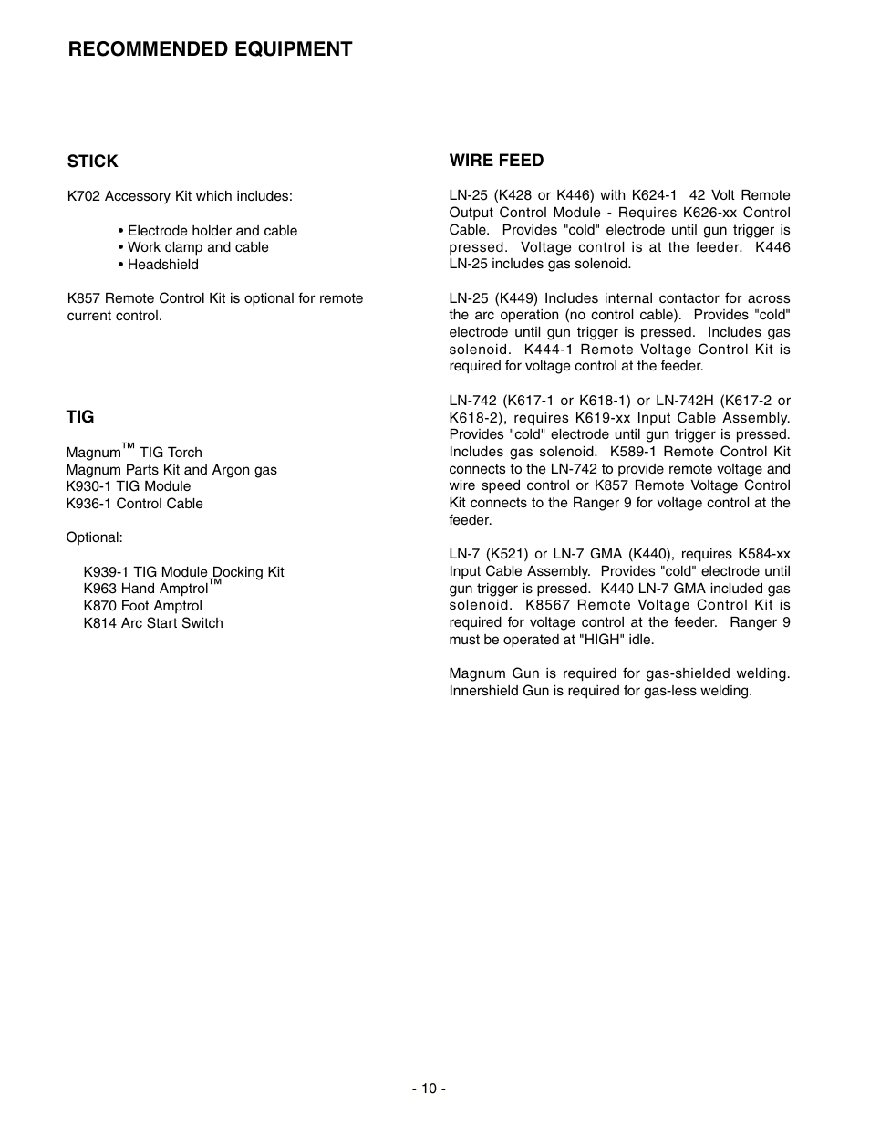 Recommended equipment | Lincoln Electric RANGER IM511-D User Manual | Page 12 / 41