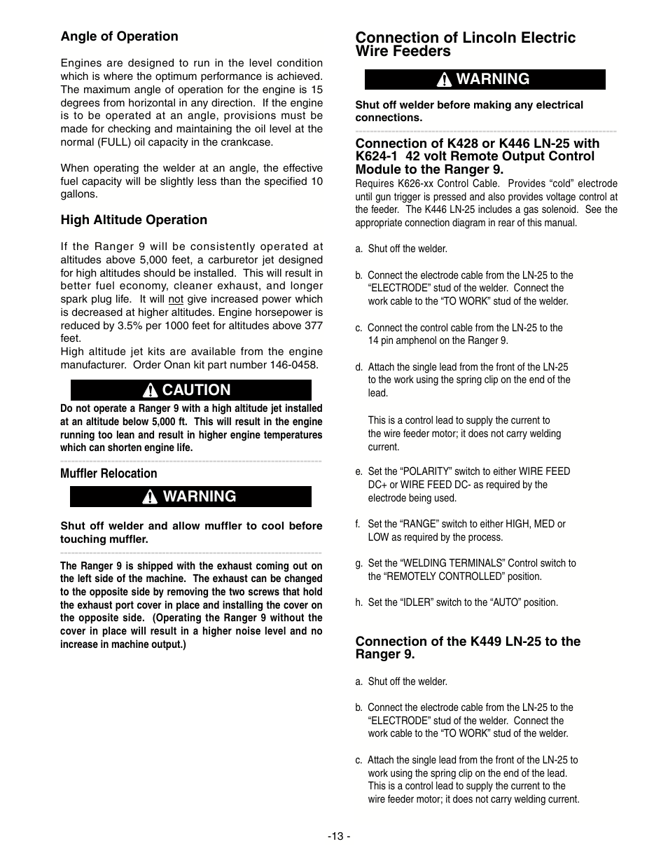 Connection of lincoln electric wire feeders, Caution warning warning | Lincoln Electric RANGER IM511-D User Manual | Page 15 / 41