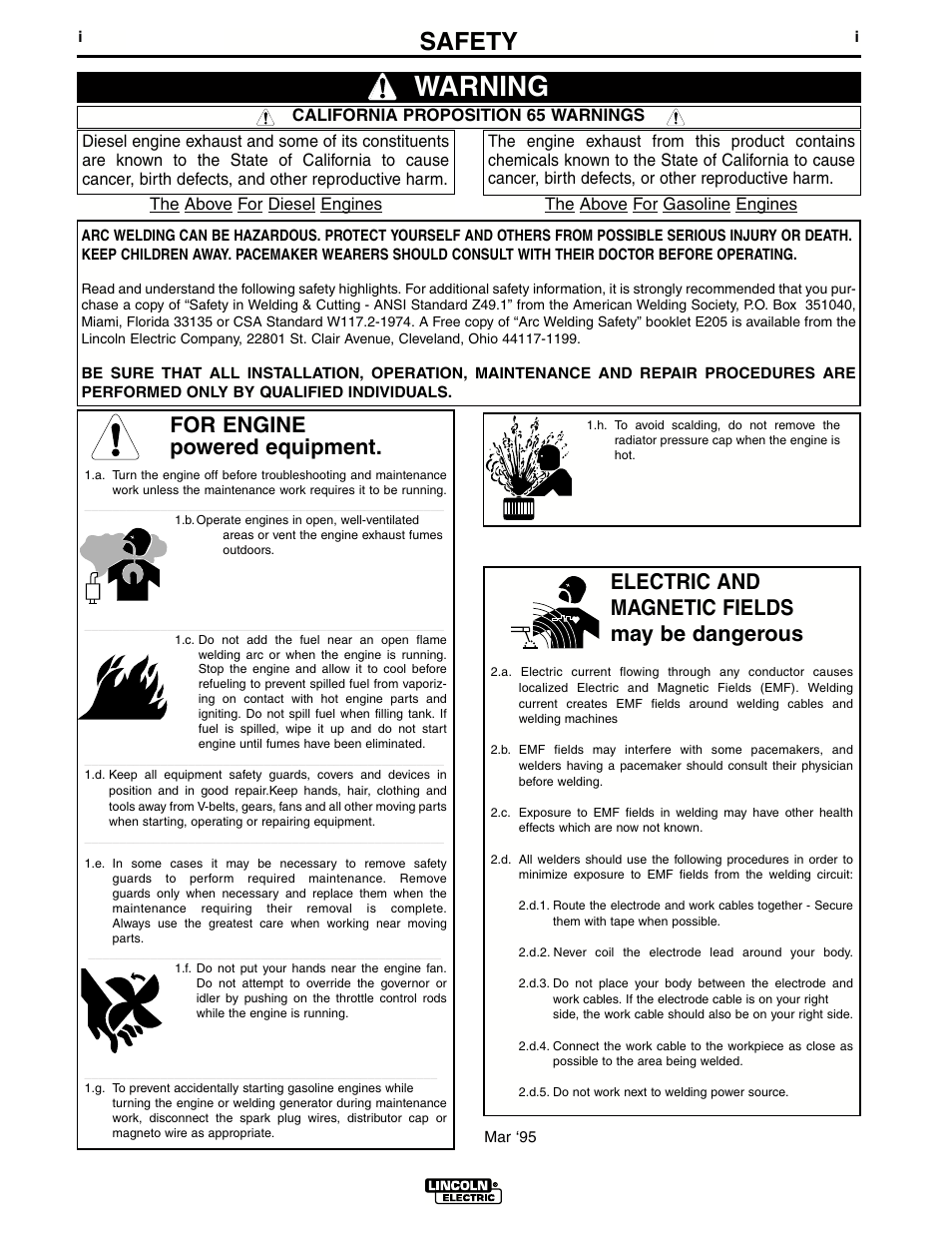 Warning, Safety, For engine powered equipment | Electric and magnetic fields may be dangerous | Lincoln Electric RANGER IM511-D User Manual | Page 2 / 41