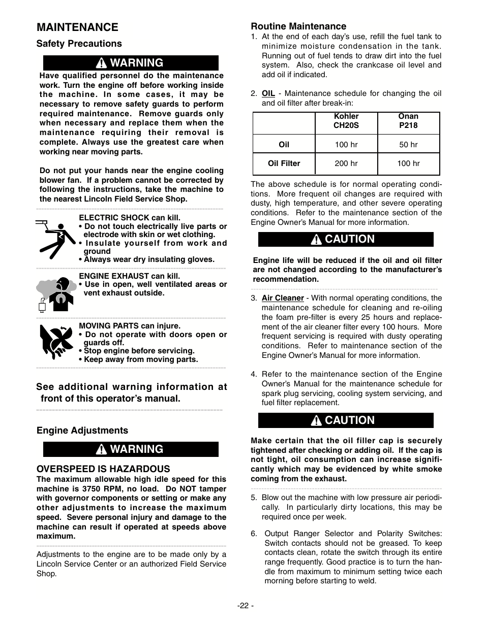 Maintenance, Warning, Caution | Lincoln Electric RANGER IM511-D User Manual | Page 24 / 41