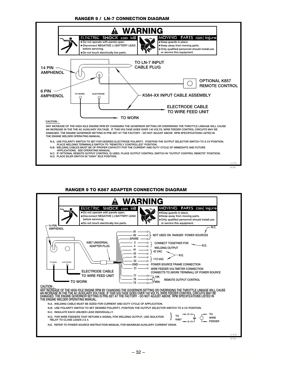 Warning, Electrode cable, Ranger 9 / ln-7 connection diagram | Ranger 9 to k867 adapter connection diagram | Lincoln Electric RANGER IM511-D User Manual | Page 34 / 41