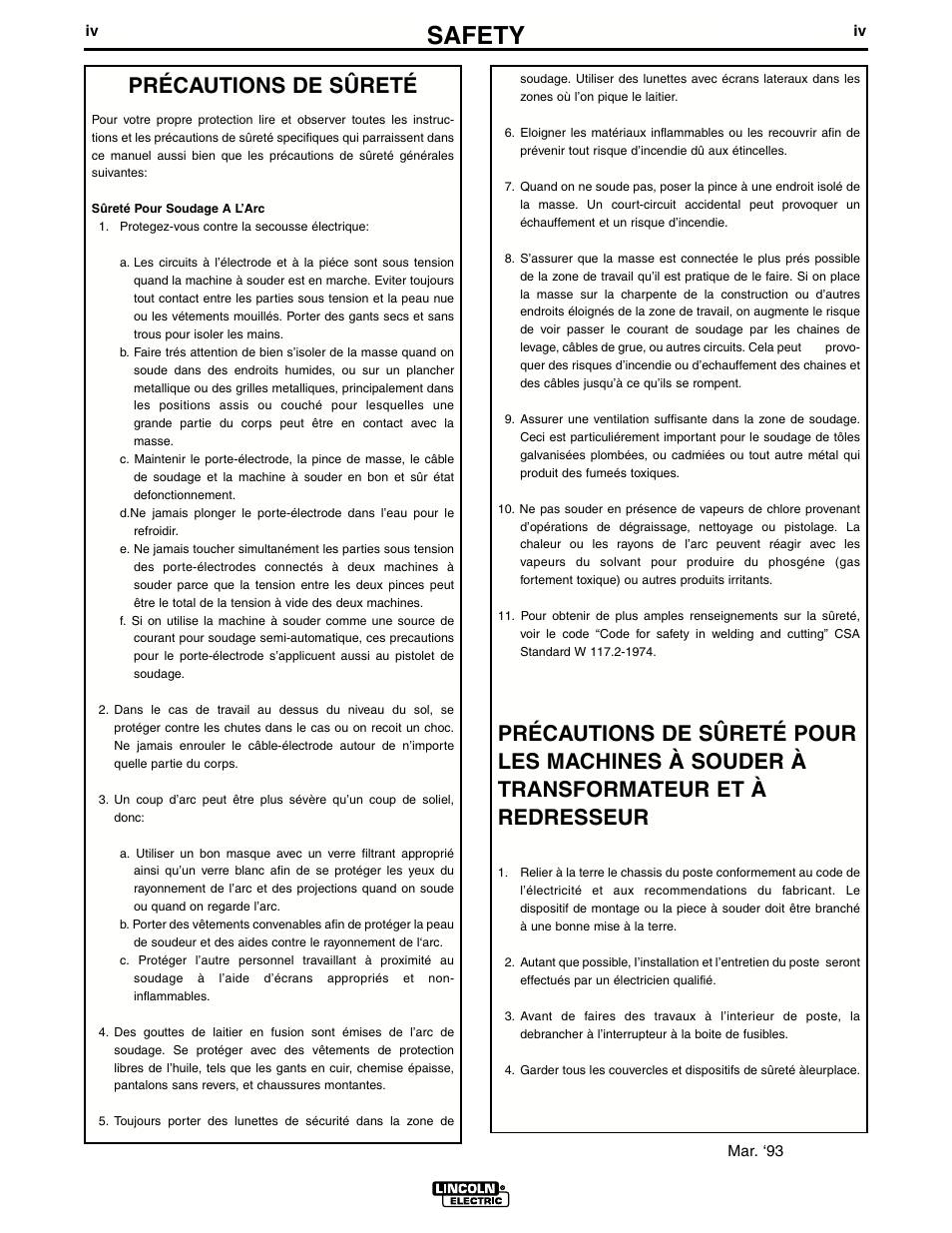 Safety, Précautions de sûreté | Lincoln Electric RANGER IM511-D User Manual | Page 5 / 41