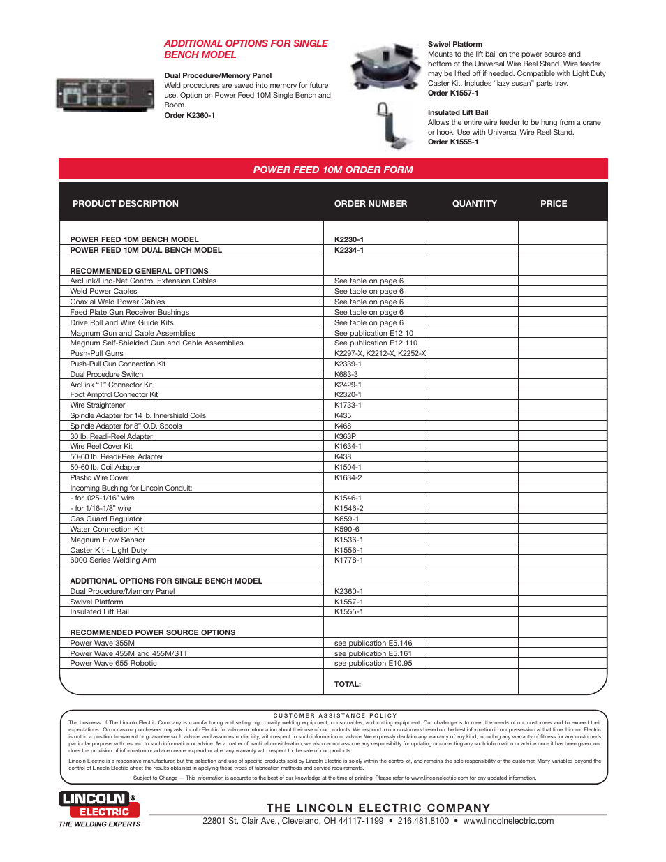 Power feed 10m order form, Additional options for single bench model | Lincoln Electric Power Feed 10M User Manual | Page 8 / 8