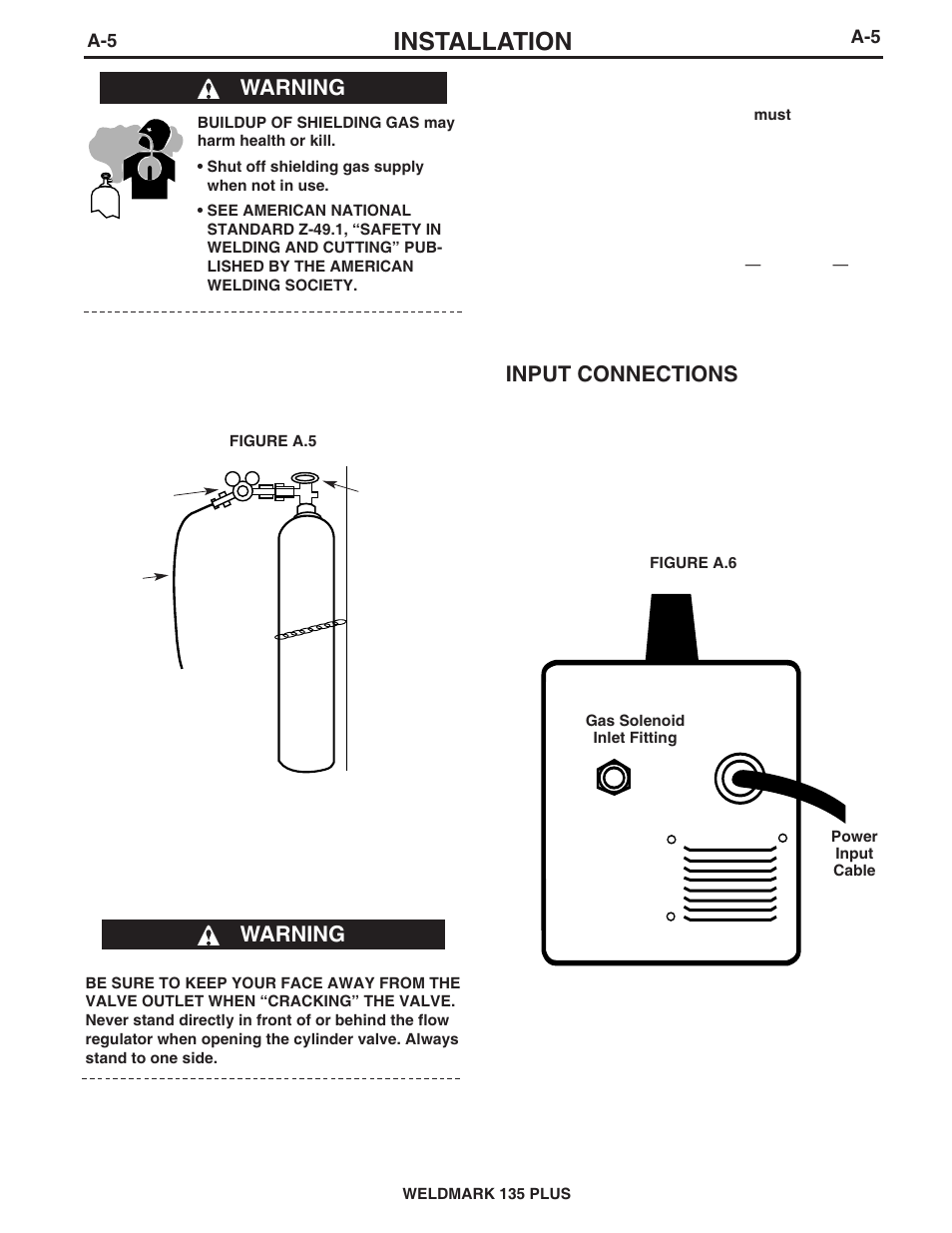 Installation, Input connections, Warning | Lincoln Electric WELDMARK 135 PLUS IM767 User Manual | Page 12 / 47