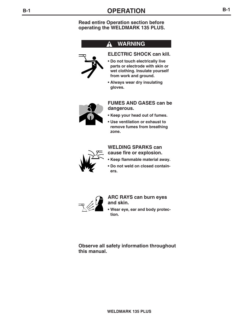 Operation, Warning | Lincoln Electric WELDMARK 135 PLUS IM767 User Manual | Page 14 / 47