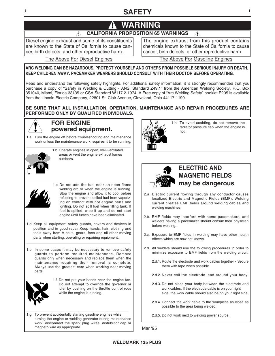 Warning, Safety, For engine powered equipment | Electric and magnetic fields may be dangerous | Lincoln Electric WELDMARK 135 PLUS IM767 User Manual | Page 2 / 47