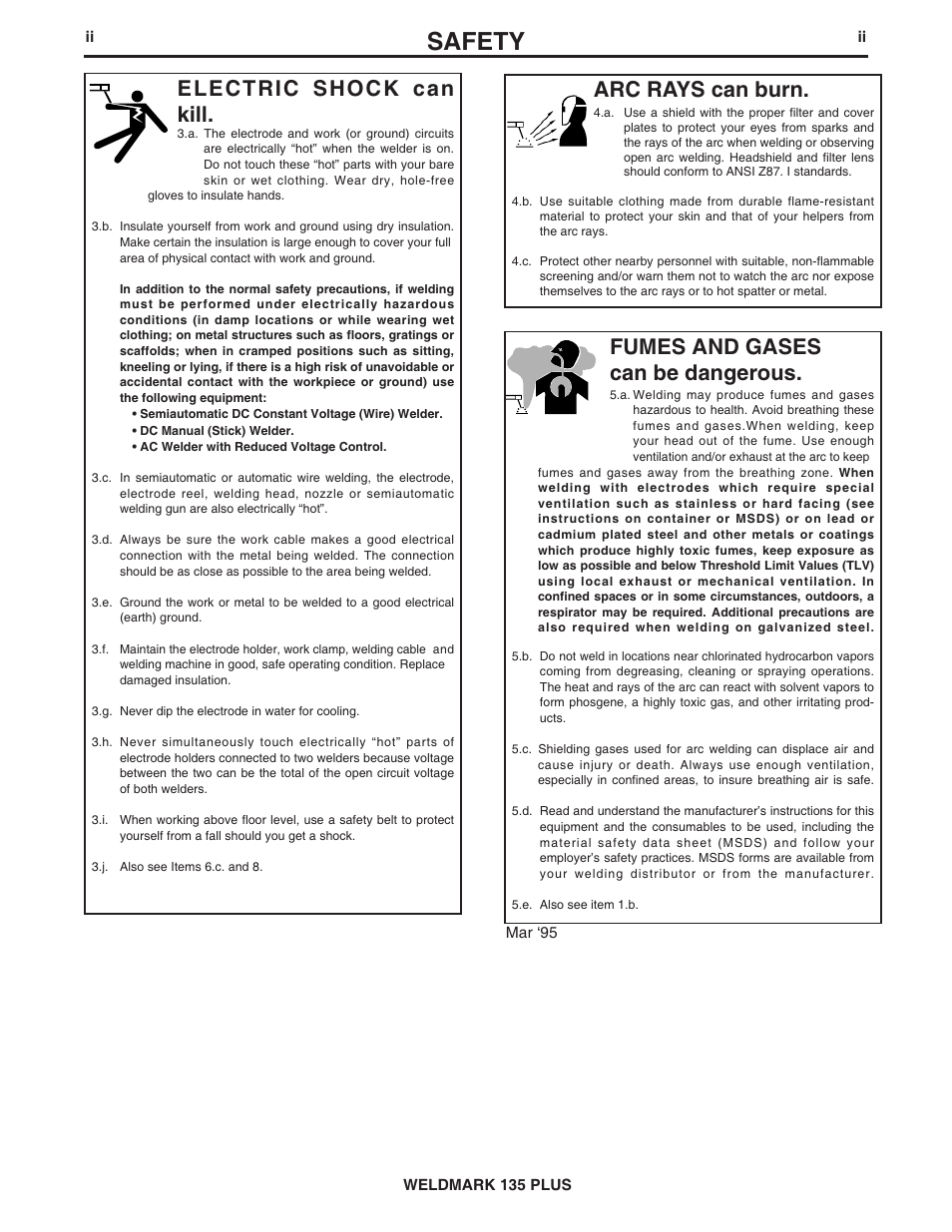 Safety, Arc rays can burn, Electric shock can kill | Fumes and gases can be dangerous | Lincoln Electric WELDMARK 135 PLUS IM767 User Manual | Page 3 / 47