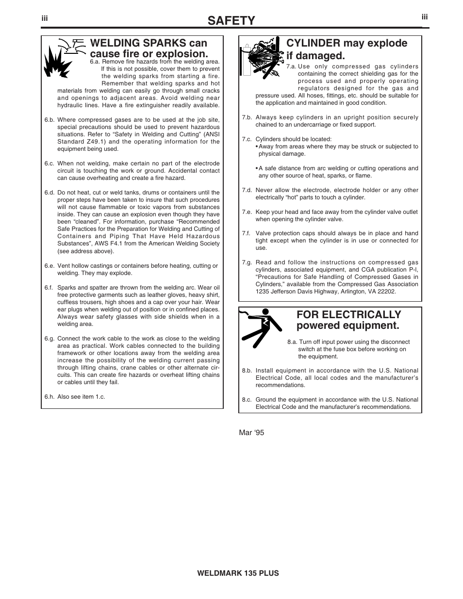 Safety, For electrically powered equipment, Cylinder may explode if damaged | Welding sparks can cause fire or explosion | Lincoln Electric WELDMARK 135 PLUS IM767 User Manual | Page 4 / 47