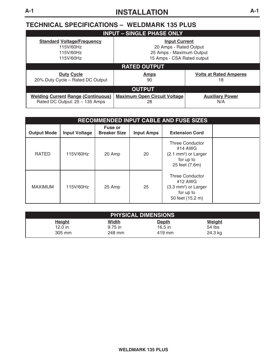 Installation, Technical specifications – weldmark 135 plus | Lincoln Electric WELDMARK 135 PLUS IM767 User Manual | Page 8 / 47