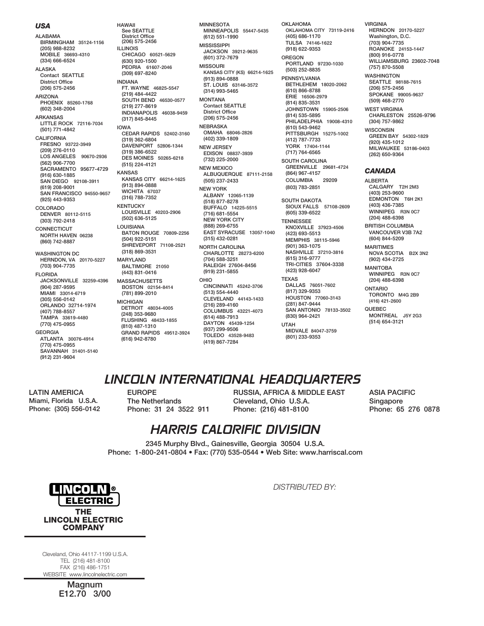 The lincoln electric company, Distributed by, Latin america | Canada | Lincoln Electric Magnum 450WC User Manual | Page 4 / 4