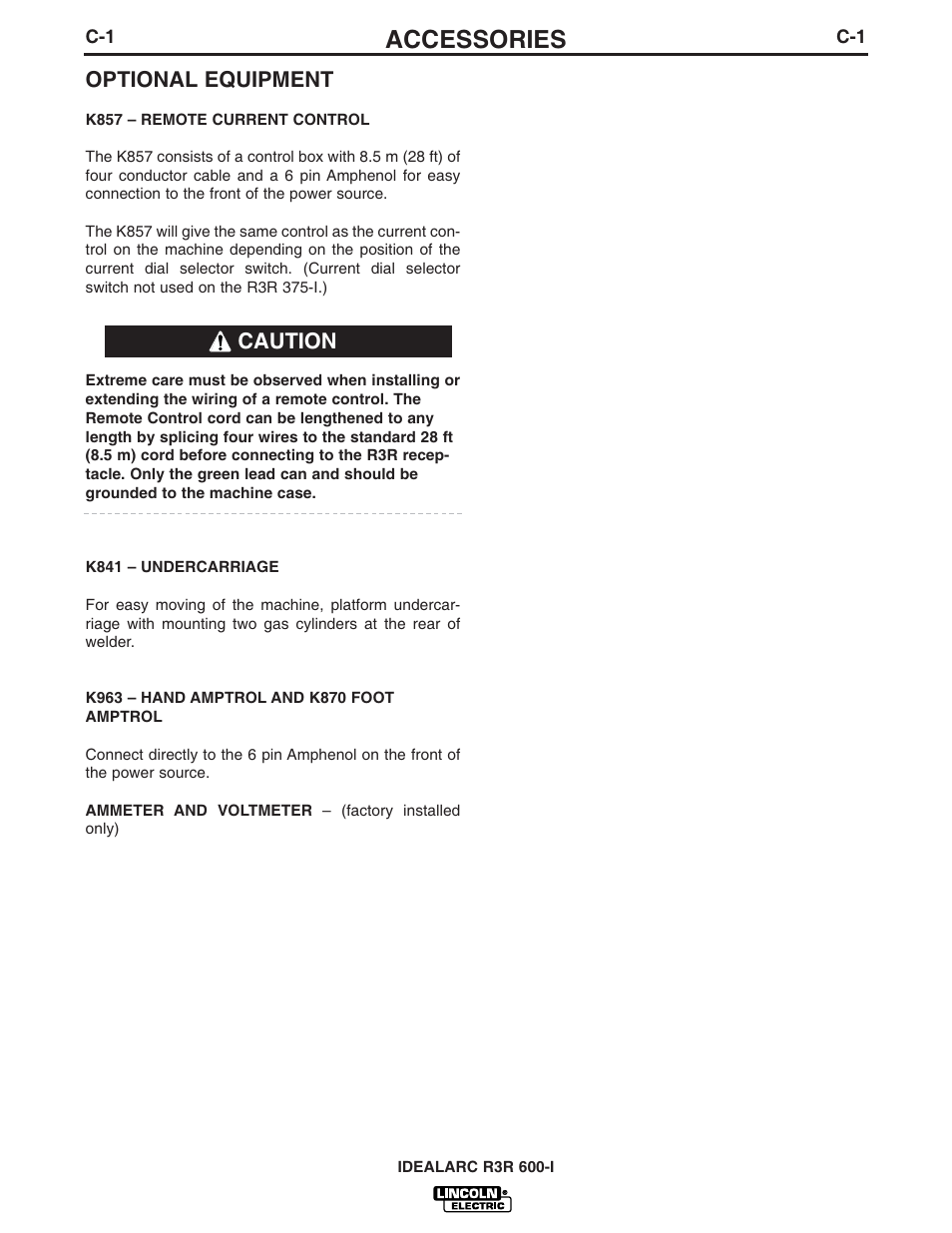 Accessories, Optional equipment, Caution | Lincoln Electric IDEALARC R3R 600-I User Manual | Page 12 / 28