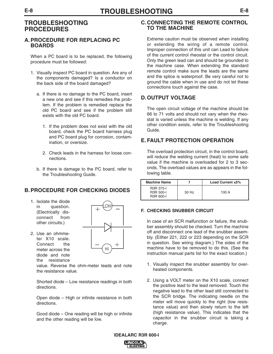 Troubleshooting, Troubleshooting procedures | Lincoln Electric IDEALARC R3R 600-I User Manual | Page 21 / 28