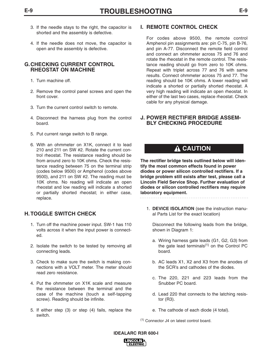 Troubleshooting, Caution | Lincoln Electric IDEALARC R3R 600-I User Manual | Page 22 / 28