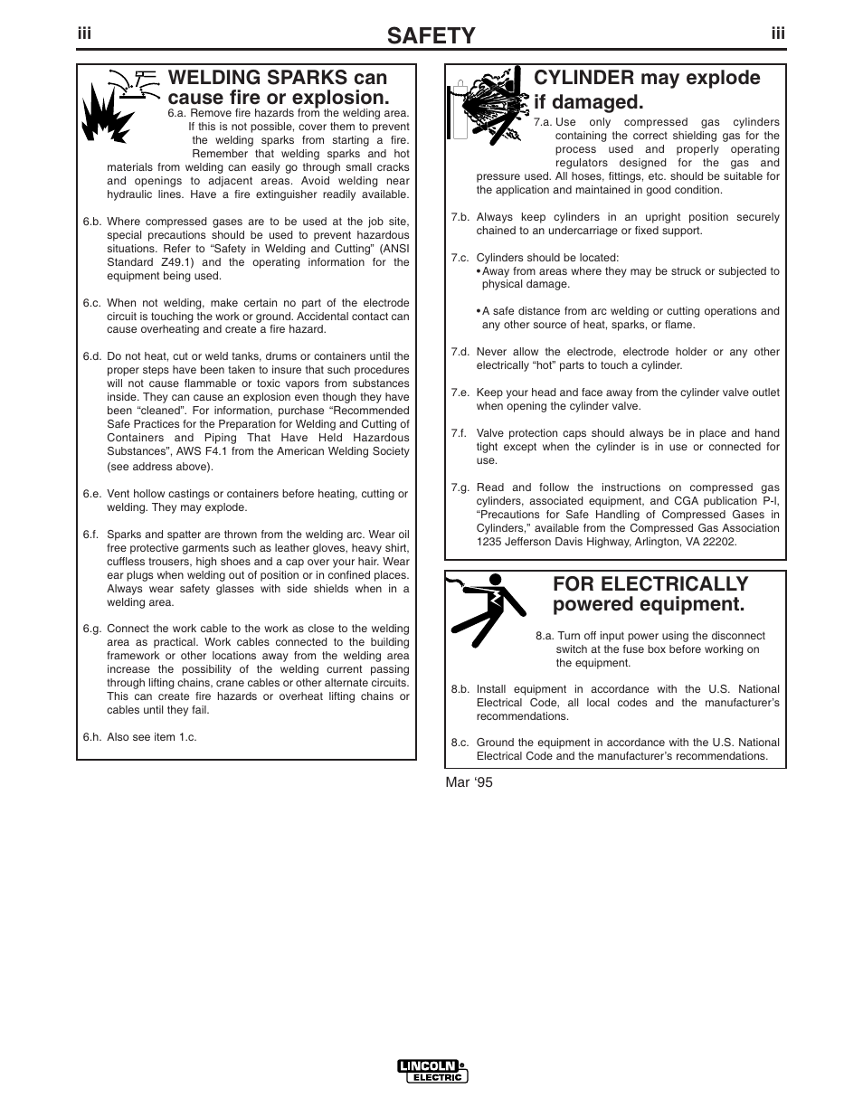Safety, For electrically powered equipment, Cylinder may explode if damaged | Welding sparks can cause fire or explosion | Lincoln Electric IDEALARC R3R 600-I User Manual | Page 4 / 28