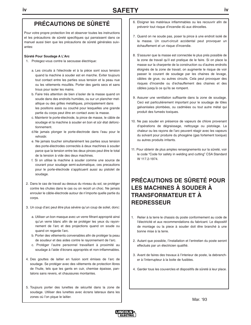 Safety, Précautions de sûreté | Lincoln Electric IDEALARC R3R 600-I User Manual | Page 5 / 28