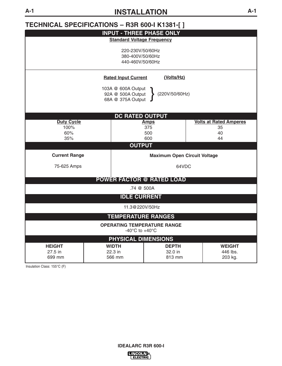 Installation | Lincoln Electric IDEALARC R3R 600-I User Manual | Page 8 / 28