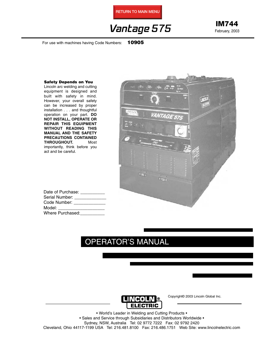 Lincoln Electric VANTAGE 575 User Manual | 54 pages