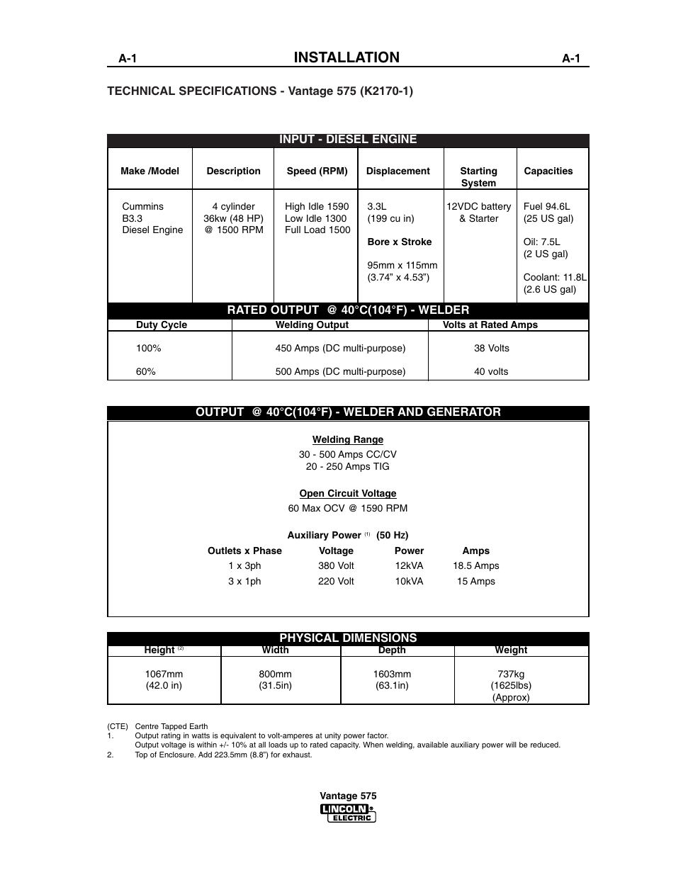 Installation | Lincoln Electric VANTAGE 575 User Manual | Page 11 / 54