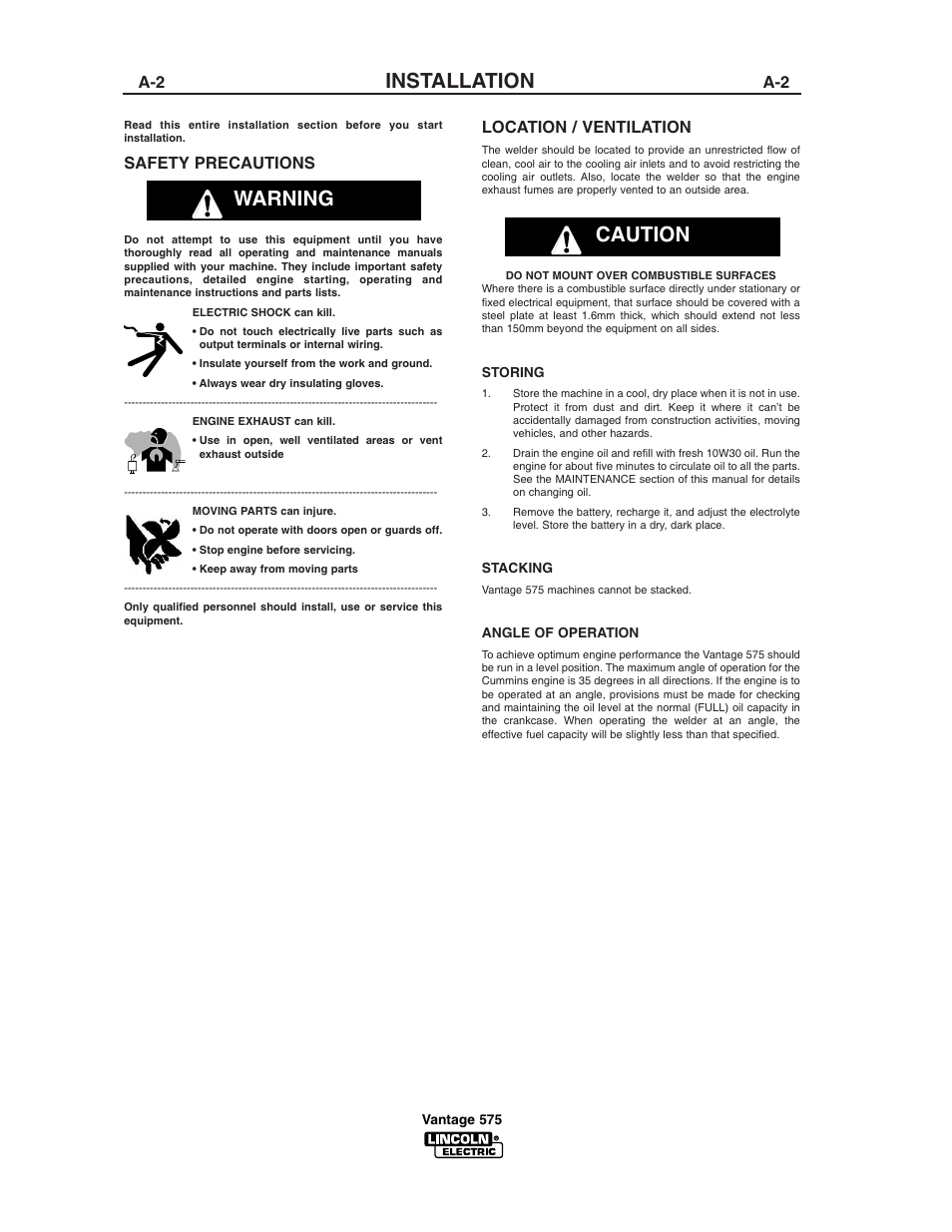 Installation, Warning caution, Safety precautions | Location / ventilation | Lincoln Electric VANTAGE 575 User Manual | Page 12 / 54