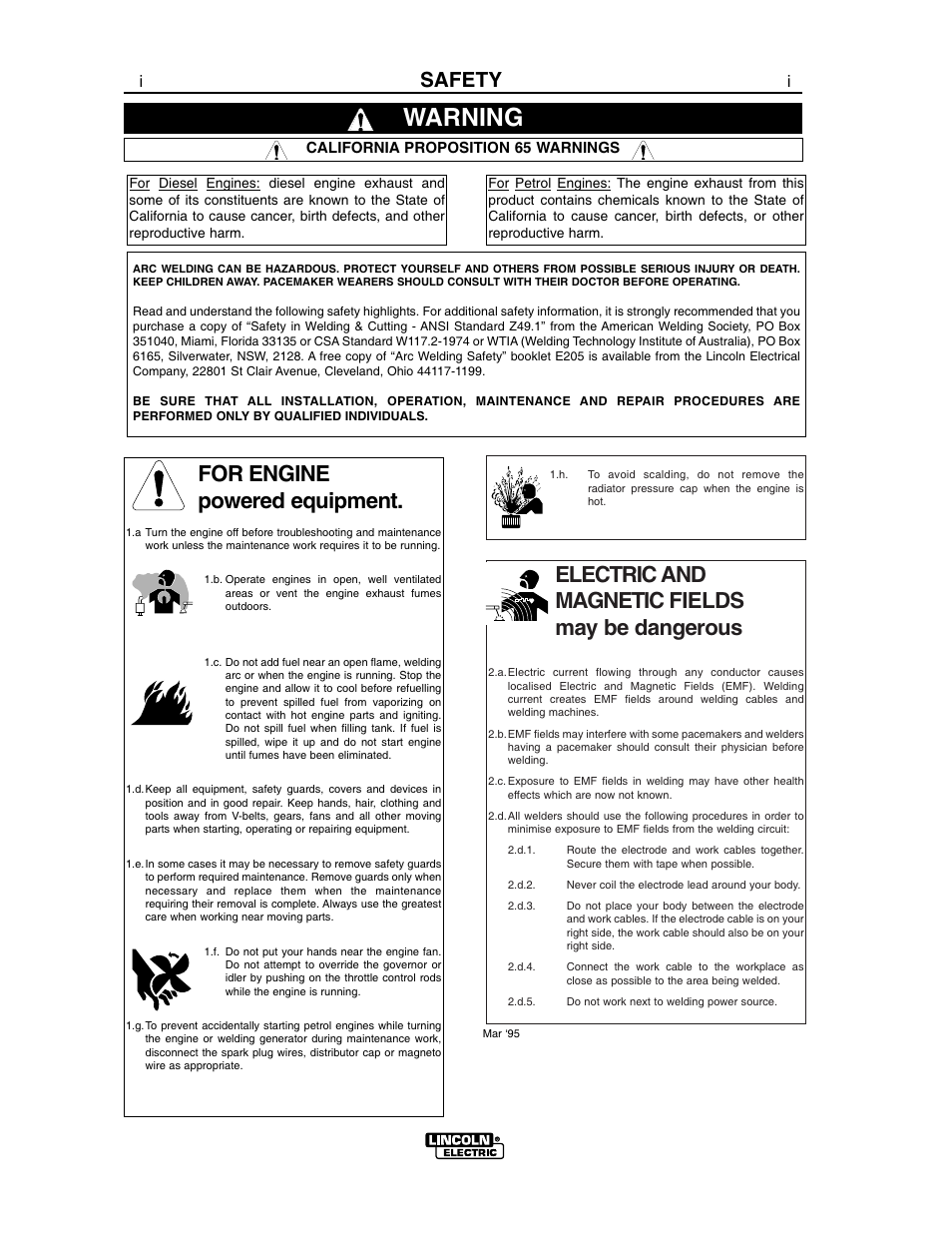 Warning, Electric and magnetic fields may be dangerous, For engine powered equipment | Safety | Lincoln Electric VANTAGE 575 User Manual | Page 2 / 54