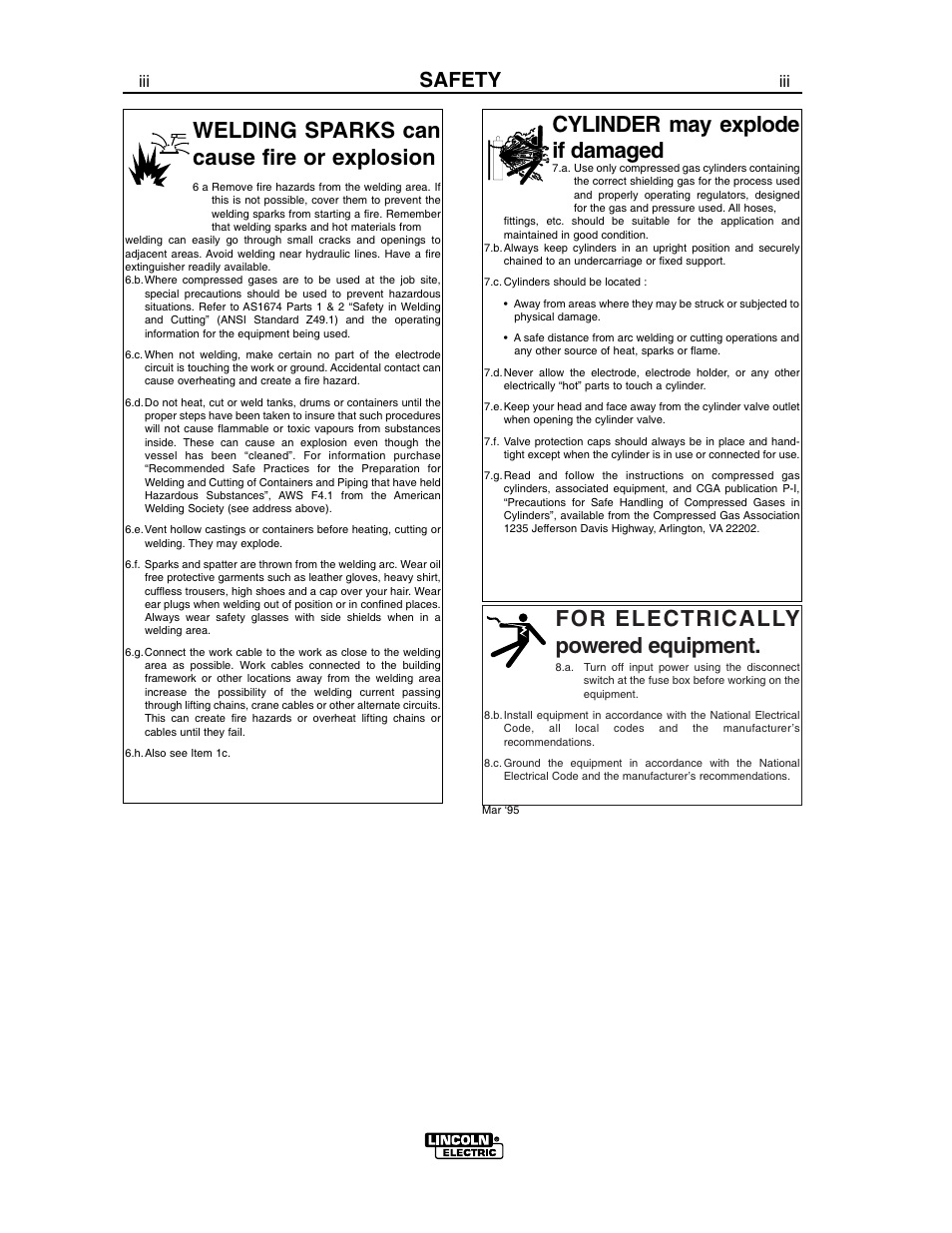 For electrically powered equipment, Welding sparks can cause fire or explosion, Cylinder may explode if damaged | Safety | Lincoln Electric VANTAGE 575 User Manual | Page 4 / 54