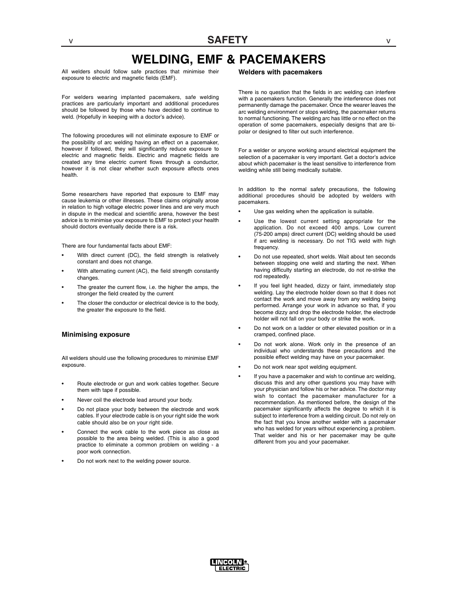 Welding, emf & pacemakers, Safety | Lincoln Electric VANTAGE 575 User Manual | Page 6 / 54