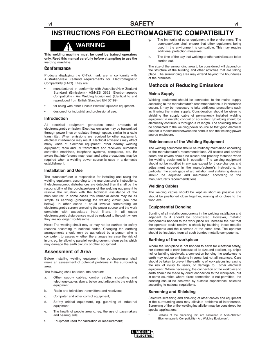 Instructions for electromagnetic compatibility, Safety, Warning | Conformance, Assessment of area, Methods of reducing emissions | Lincoln Electric VANTAGE 575 User Manual | Page 7 / 54