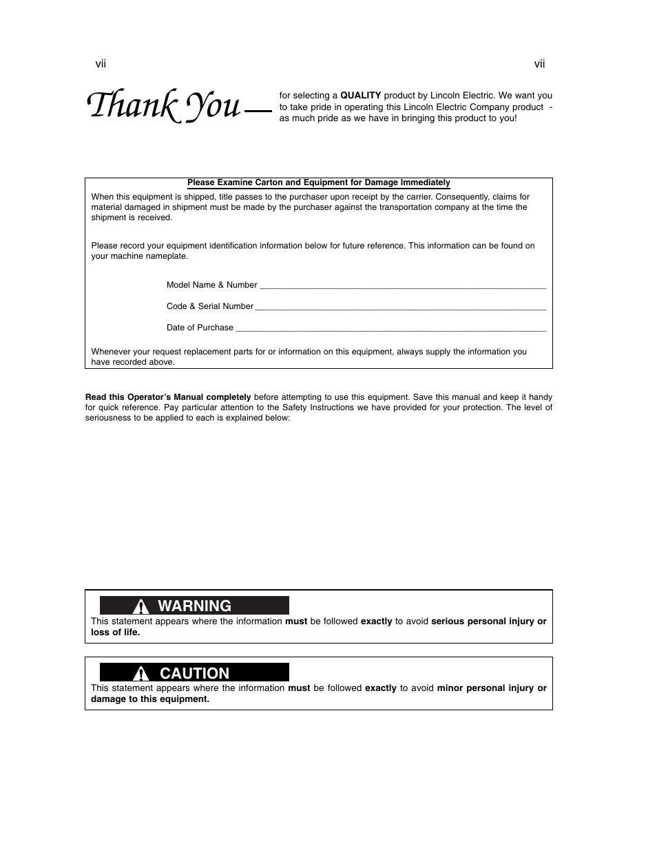 Warning, Caution | Lincoln Electric VANTAGE 575 User Manual | Page 8 / 54
