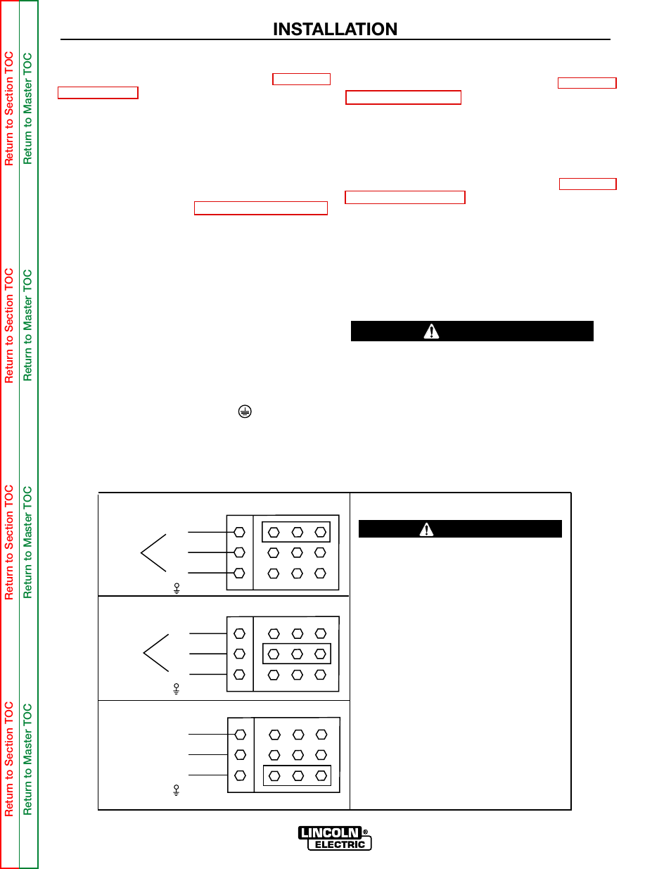 Installation, Fuse and wire sizes, Input and grounding connections | Reconnect procedure, Caution, Warning | Lincoln Electric MULTI-SOURCE SVM155-A User Manual | Page 10 / 96