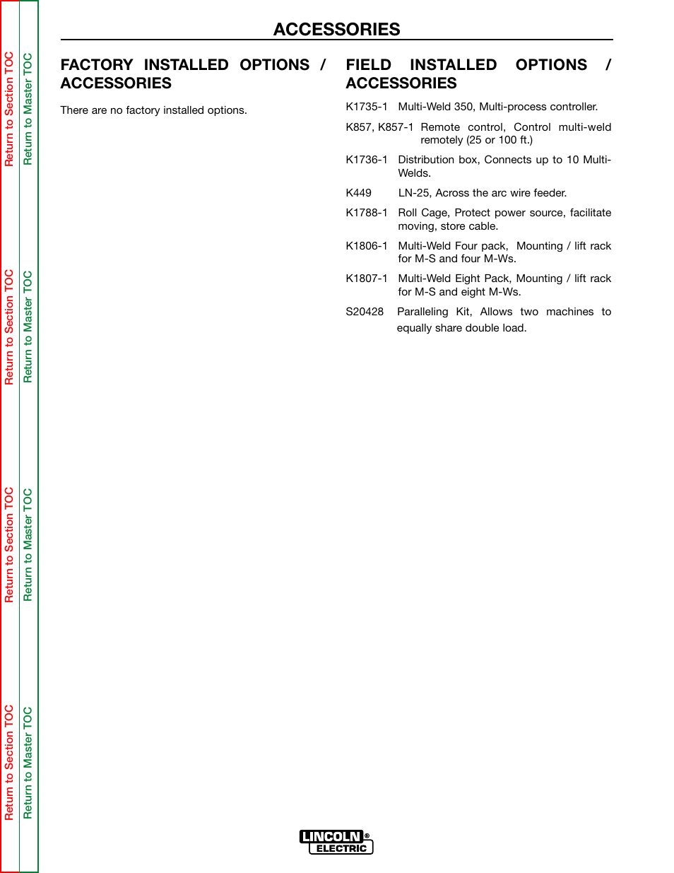 Accessories, Factory installed options / accessories, Field installed options / accessories | Lincoln Electric MULTI-SOURCE SVM155-A User Manual | Page 18 / 96