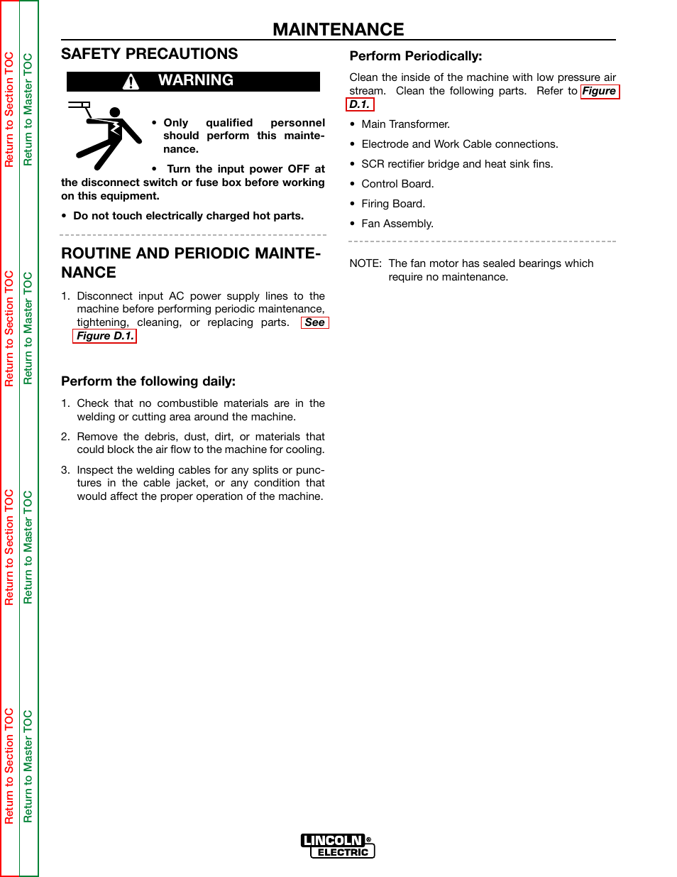 Maintenance, Warning safety precautions, Routine and periodic mainte- nance | Lincoln Electric MULTI-SOURCE SVM155-A User Manual | Page 20 / 96