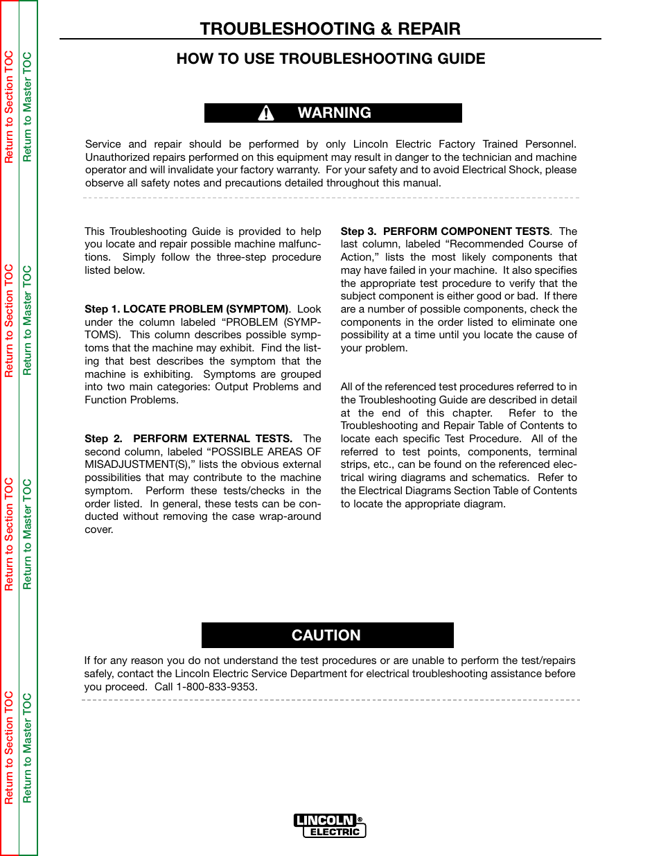 Troubleshooting & repair, How to use troubleshooting guide, Caution warning | Lincoln Electric MULTI-SOURCE SVM155-A User Manual | Page 30 / 96
