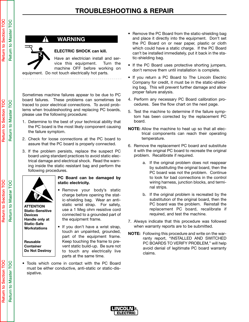 Troubleshooting & repair, Warning | Lincoln Electric MULTI-SOURCE SVM155-A User Manual | Page 31 / 96