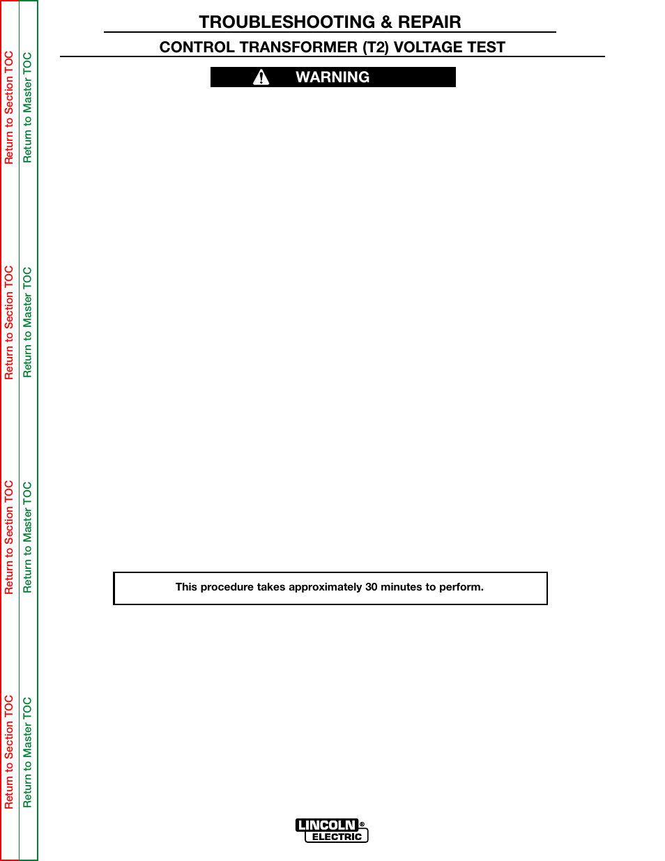 Perform the t2 control, Transformer test, Troubleshooting & repair | Test description, Materials needed, Control transformer (t2) voltage test, Warning | Lincoln Electric MULTI-SOURCE SVM155-A User Manual | Page 37 / 96